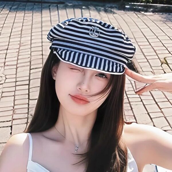 韩系ins风条纹平顶海军风水手帽