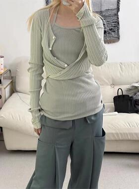 low classic2024早春新款系带纯色露背挂脖修身针织背心长袖开衫