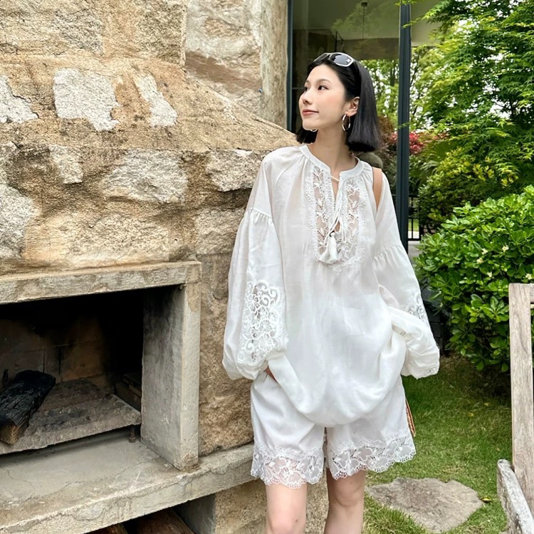 现货ODTD蕾丝拼接衬衫短裤套装女