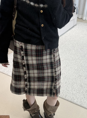 现货mar设计师品牌 25秋冬新款复古百搭撞色格纹羊毛开衩半身裙女