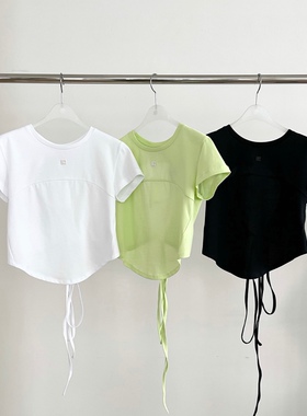 low classic韩国小众24夏季新款系带收腰短款露背修身圆领短袖T恤