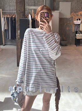 low classic条纹长袖T恤25早秋新款韩版简约宽松拼色圆领休闲上衣