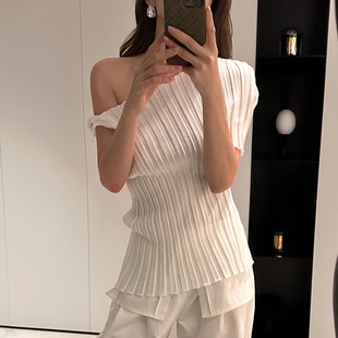 款 现货设计师品牌25夏季 极简优雅显瘦不对称斜肩坑条收腰针织上衣