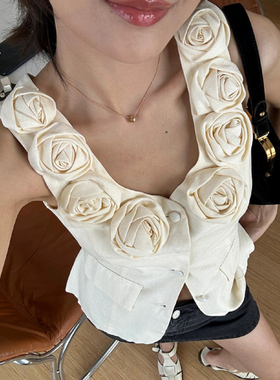SAVI同款2024夏季新款设计师品牌亚麻立体玫瑰花气质无袖马甲背心