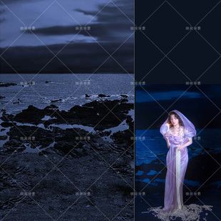 夜晚海景背景布氛围冬季大海礁石写真室内摄影棚影楼人像拍照道具