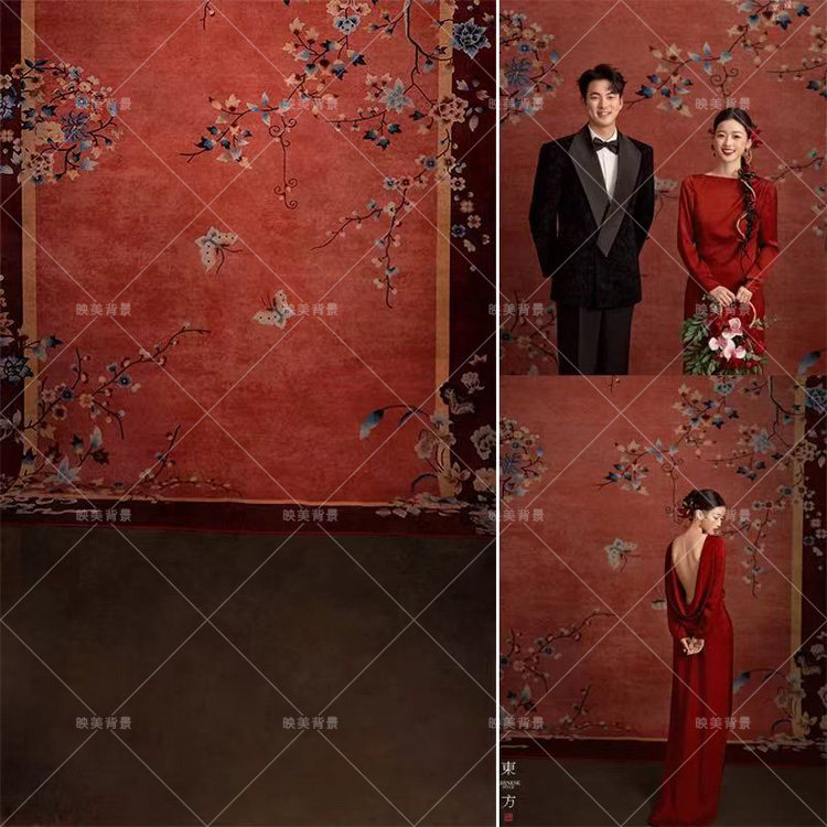 新中式国风剪纸花卉蝴蝶红色肌理油画背景东方喜嫁婚纱拍照背景布