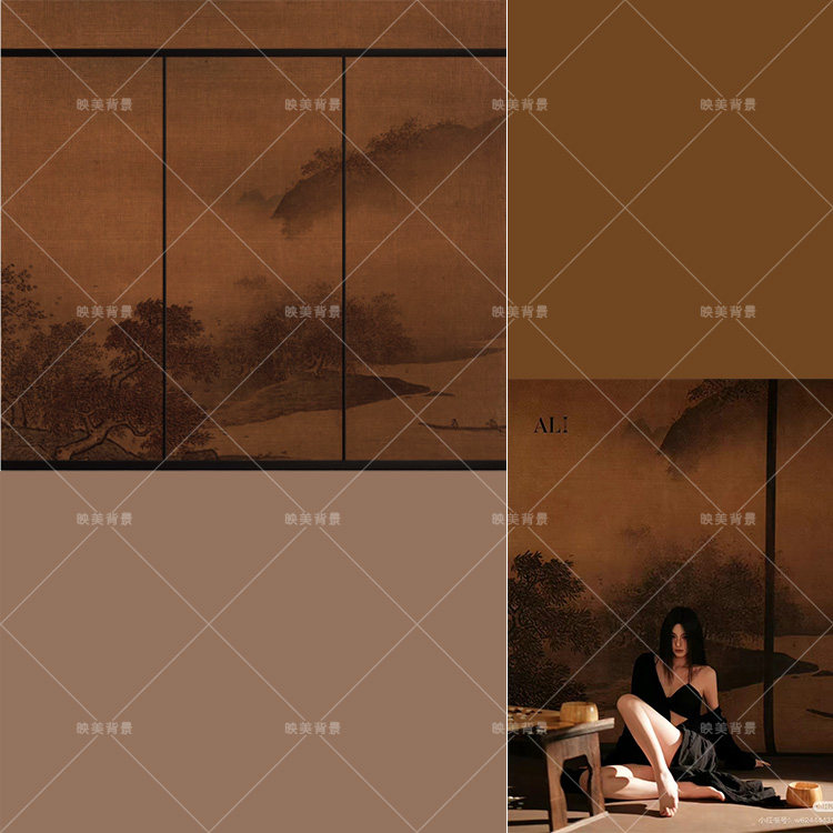 新中式古装请冷风摄影背景布山水画花鸟影楼古典婚纱全家福拍照