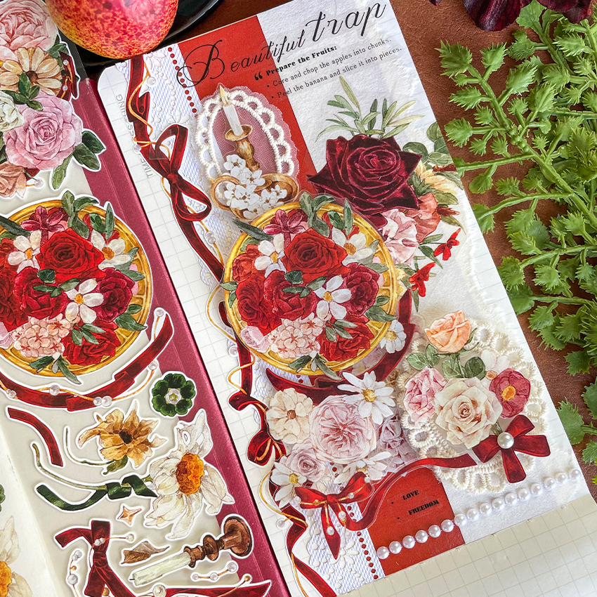 新款现货 红丝绒红丝带轻复古花野原百仓家手帐和纸胶带PET贴纸卷