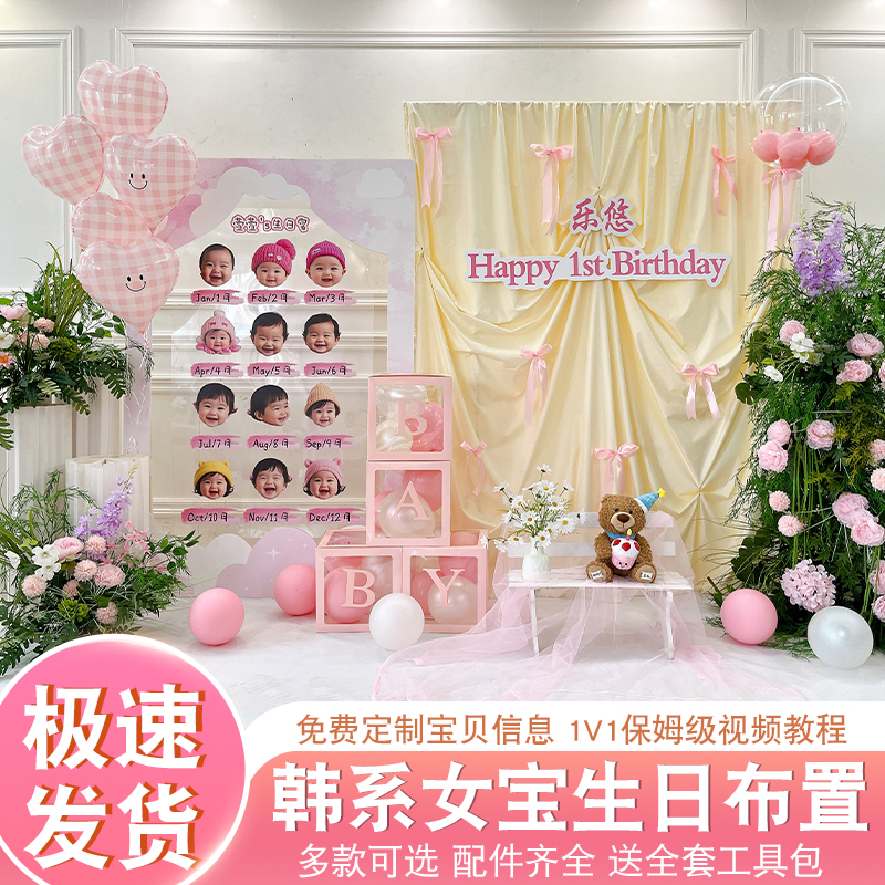 女宝宝韩式儿童生日派对装扮简约背景布氛围定制头像透明抓周布置