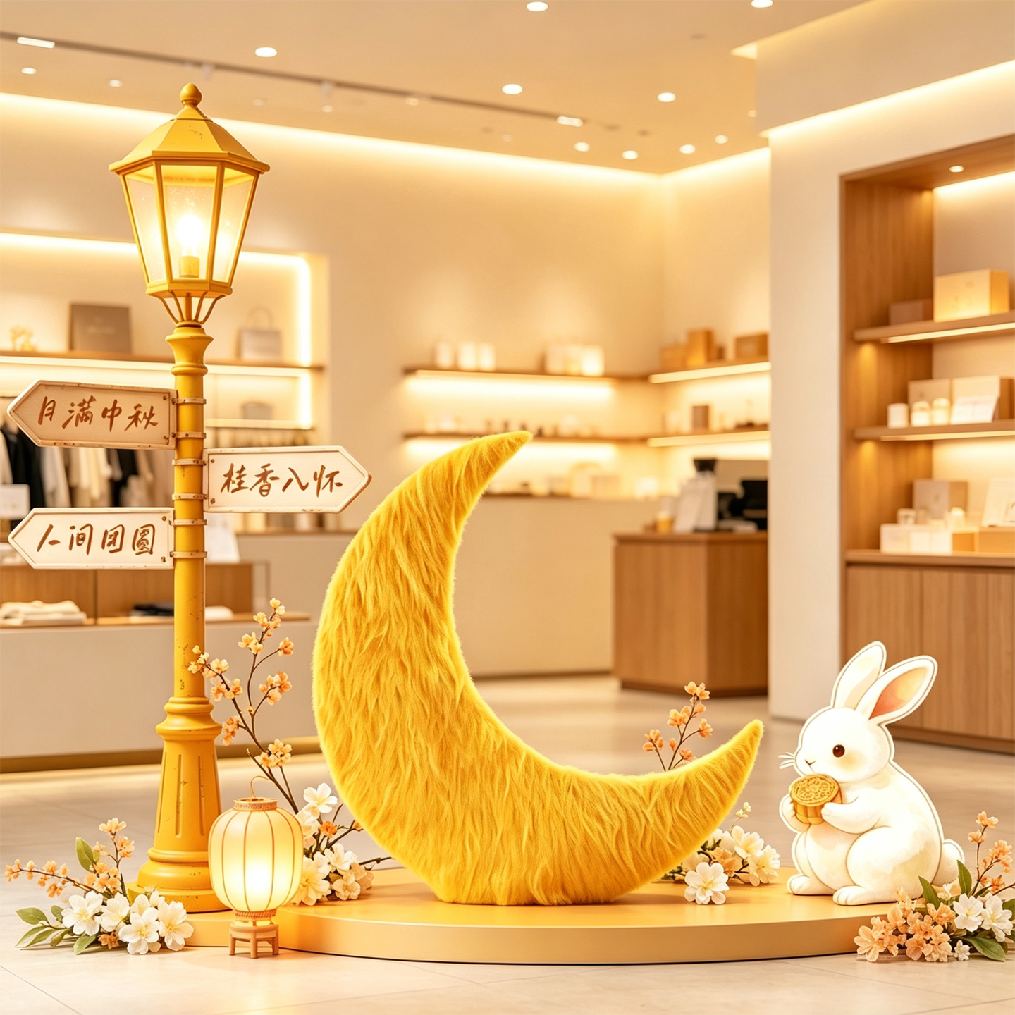 中秋节毛绒月亮兔子摆件KT板氛围布置装饰品美陈商场店铺节日装扮