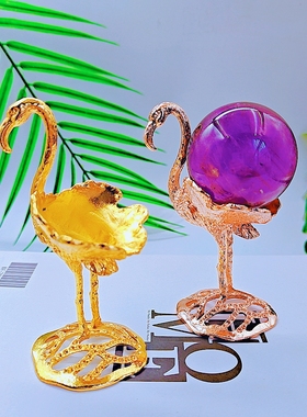 新款合金火烈鸟水晶球底座支架摆件创意金属水晶石工艺品置物架
