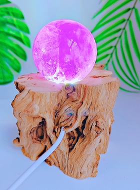 实木树段灯光球底座水晶柱底座晶簇矿标灯座白光彩光暖光
