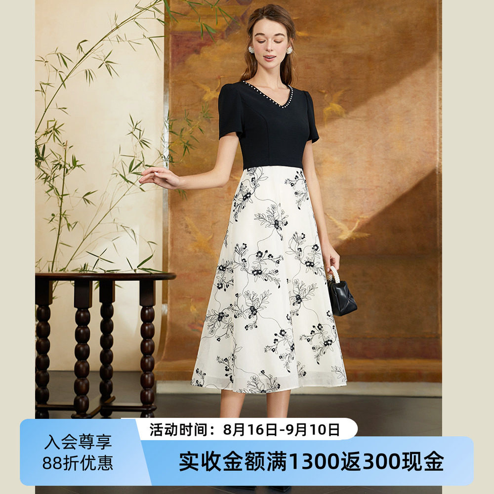 司歌时尚v领短袖连衣裙女夏季