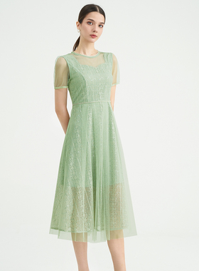 司歌蕾丝薄荷曼波绿连衣裙短袖收腰A89M009
