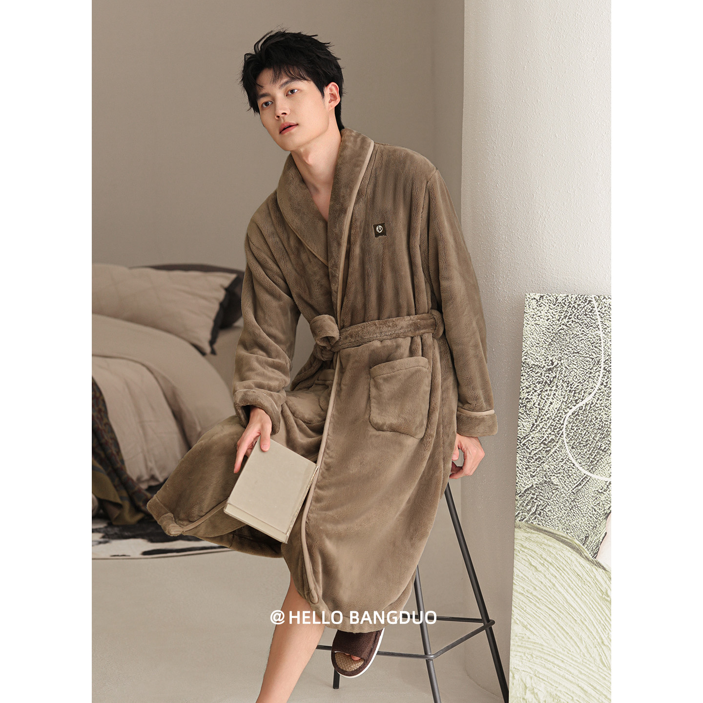 睡袍男士秋冬法兰绒长袖加厚浴袍