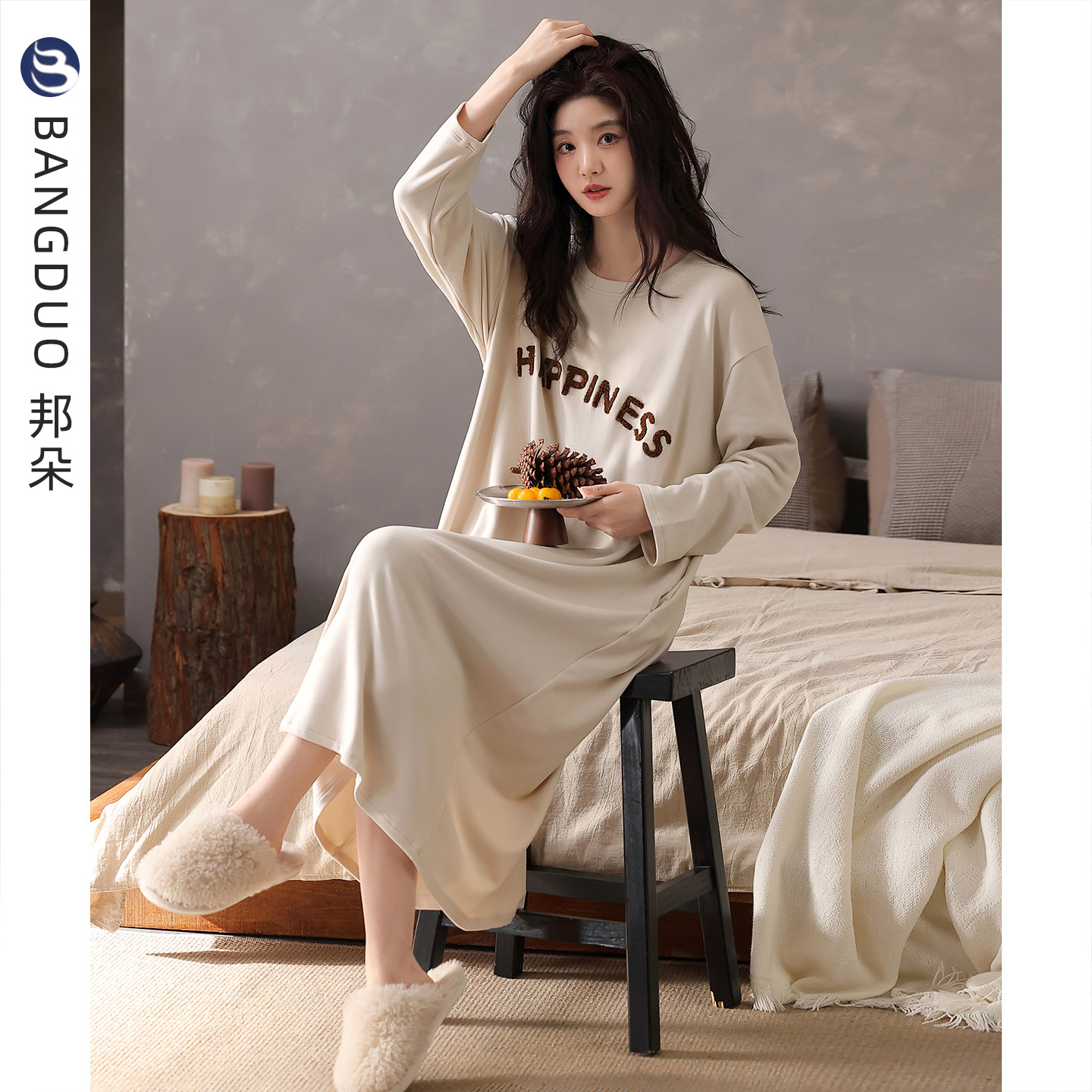 睡衣女士秋冬德绒长袖睡裙