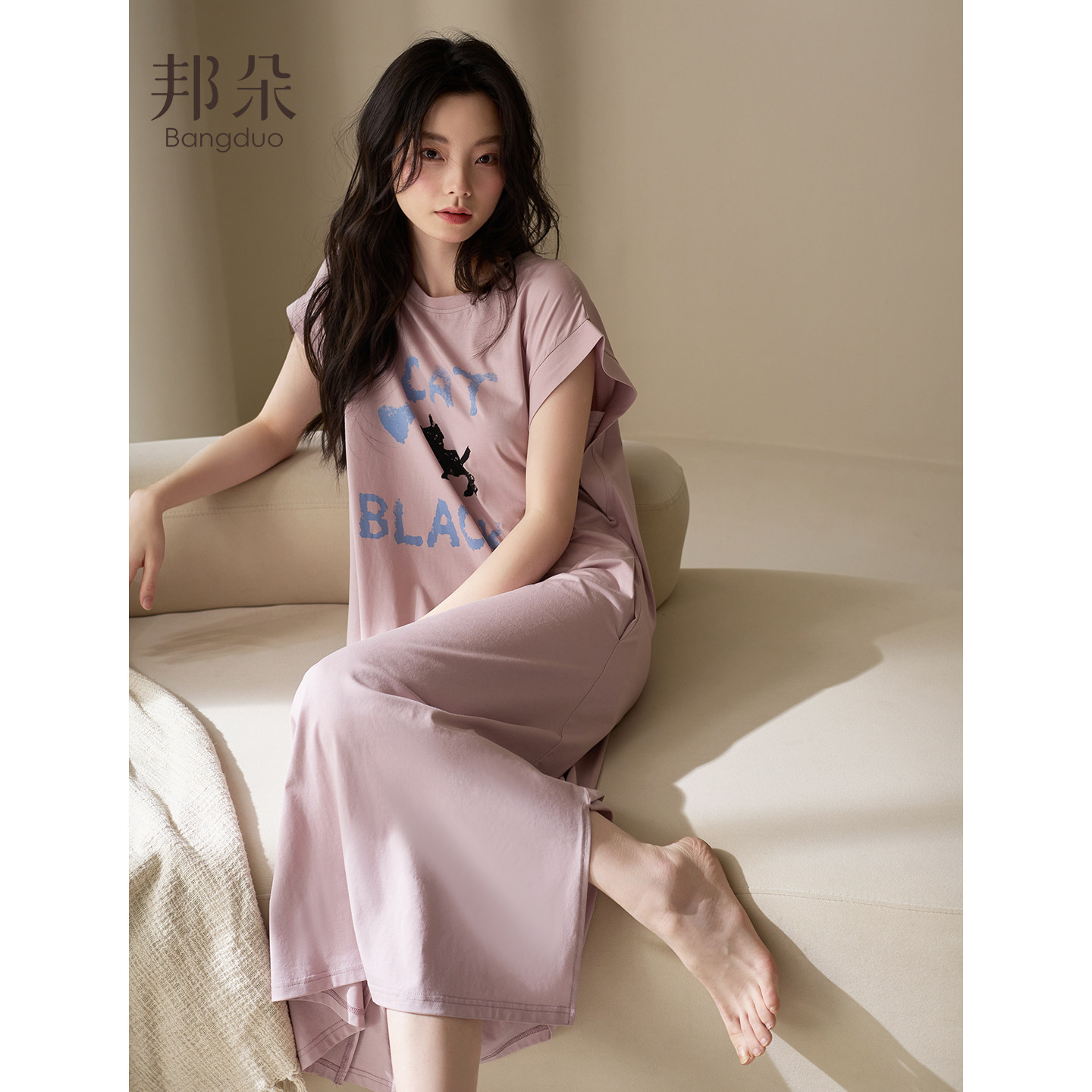 松弛感睡裙女夏季纯棉短袖薄款超长裙睡衣休闲慵懒风连衣裙家居服