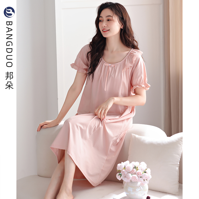 睡裙女夏季纯棉短袖带胸垫连衣裙