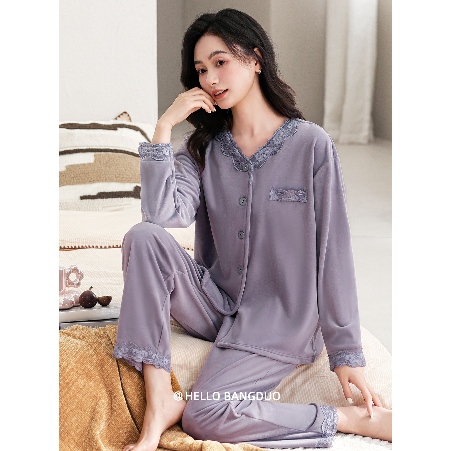 睡衣女士秋冬海岛绒长袖家居服