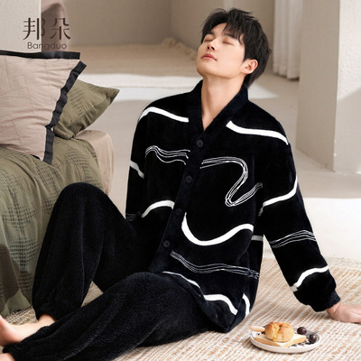 睡衣男士秋冬法兰绒长袖家居服