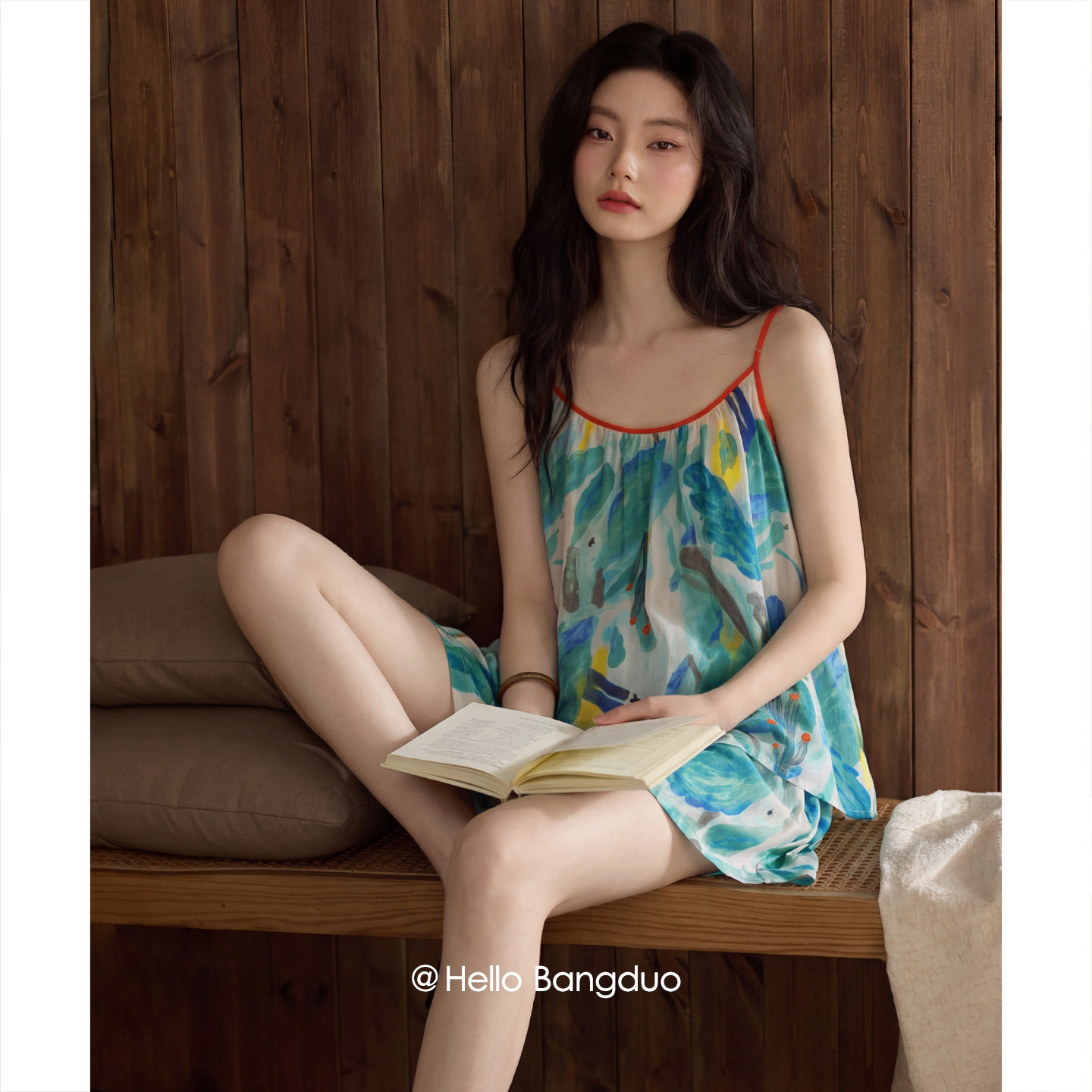 带胸垫睡衣女士夏季薄款棉绸吊带背心短裤梭织棉纱布度假风家居服