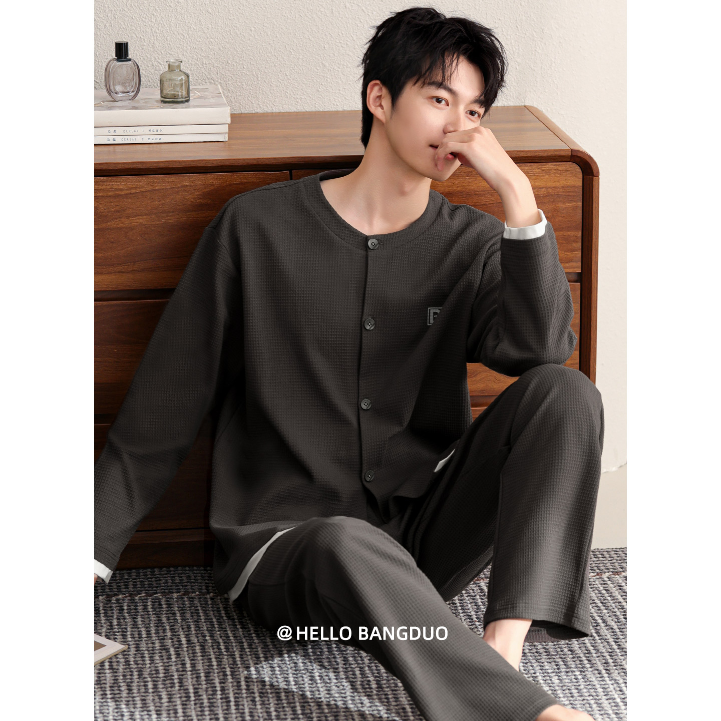 睡衣男士春秋款华夫格长袖家居服