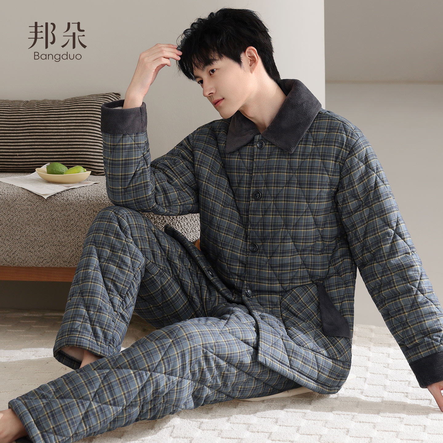 睡衣男士冬季三层加厚加绒梭织纯棉夹棉袄秋冬款珊瑚绒棉服家居服