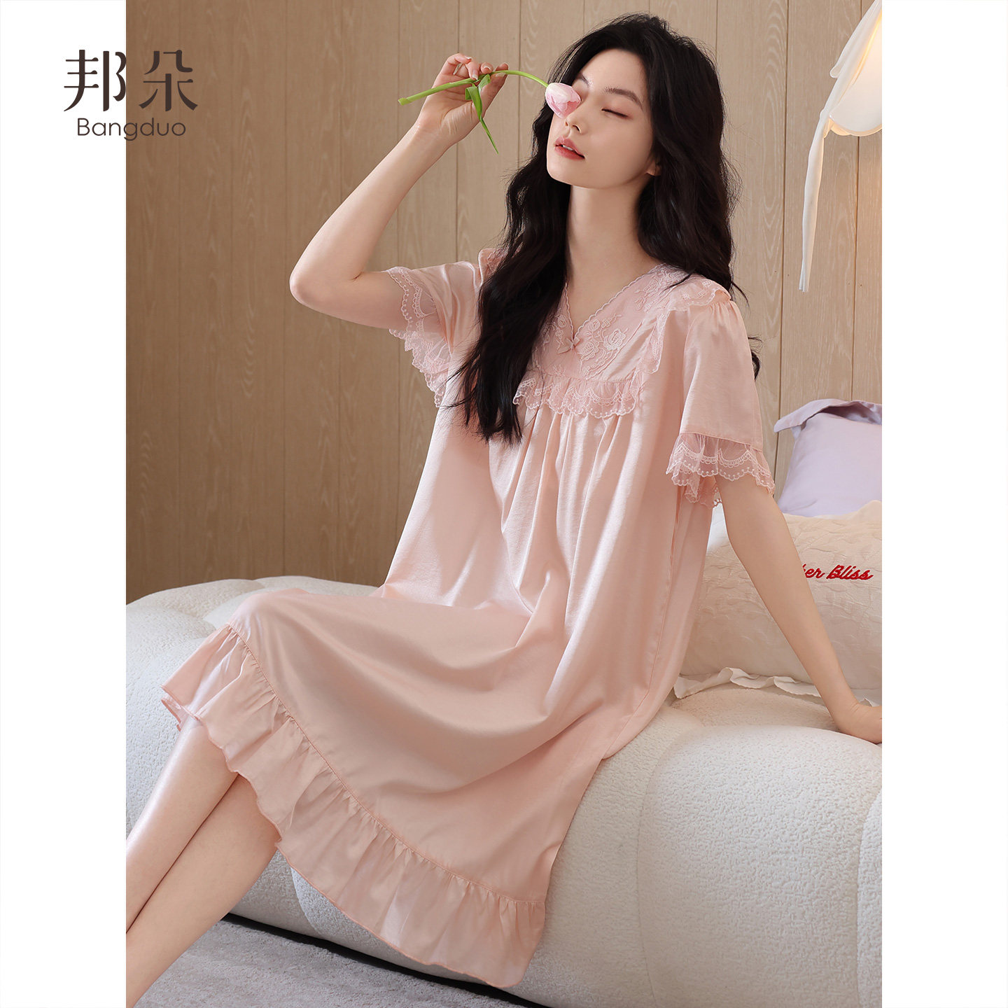 带胸垫睡裙女夏季天丝棉短袖薄款中长裙睡衣妈妈冰丝可外穿连衣裙