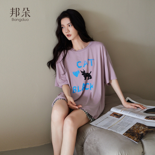 薄款 短裤 可爱小猫慵懒风可外穿家居服 纯棉短袖 松弛感睡衣女士夏季