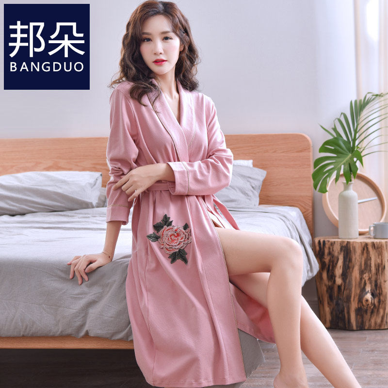 睡袍女春秋纯棉长袖秋性感加长款浴袍睡衣薄款夏季全棉秋季家居服