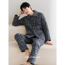 睡衣男士冬季三层加厚加绒梭织纯棉夹棉秋冬珊瑚绒冬款棉袄家居服