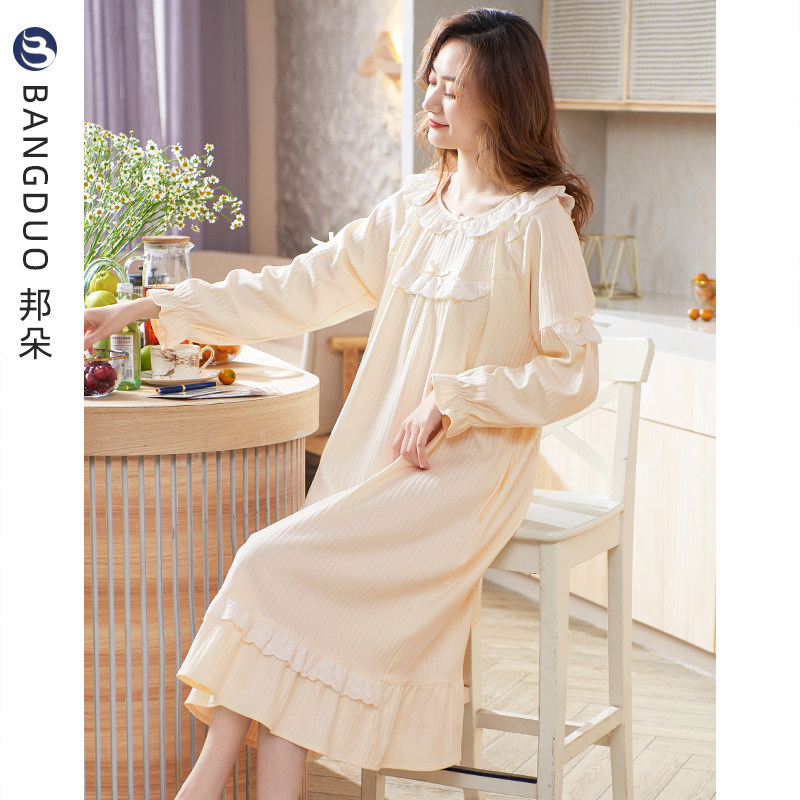 睡裙女春秋纯棉长袖秋冬薄款全棉长款睡衣裙子孕妇宽松大码家居服