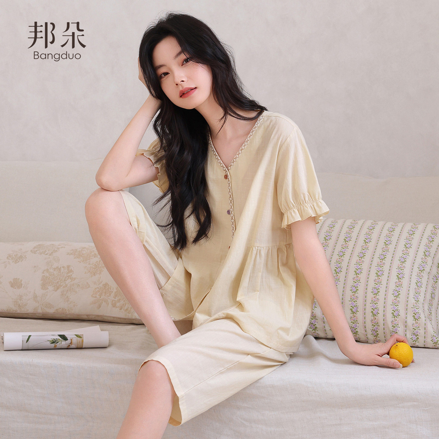 带胸垫睡衣女士夏季纯棉短袖七分裤薄款休闲松弛感妈妈全棉家居服