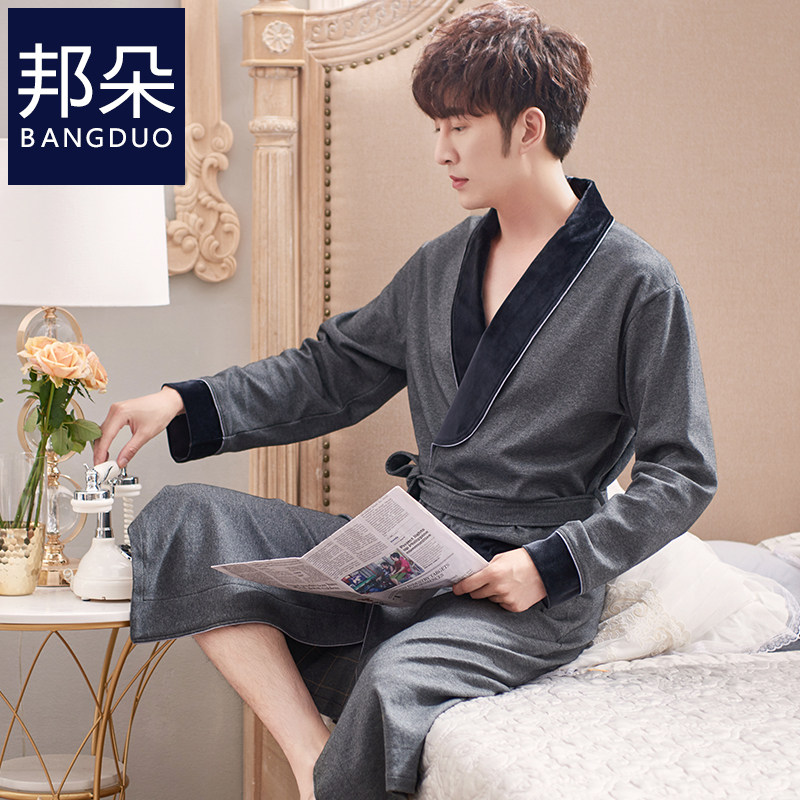 男士睡袍春秋长袖纯棉长款秋季浴袍睡衣秋冬款一体式夏季薄款浴衣