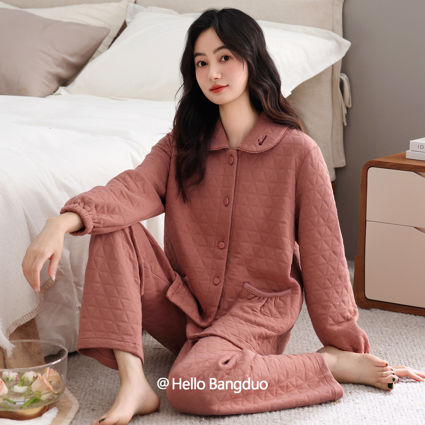 睡衣女春秋款加厚纯棉长袖冬季薄款夹棉中年妈妈秋冬空气棉家居服