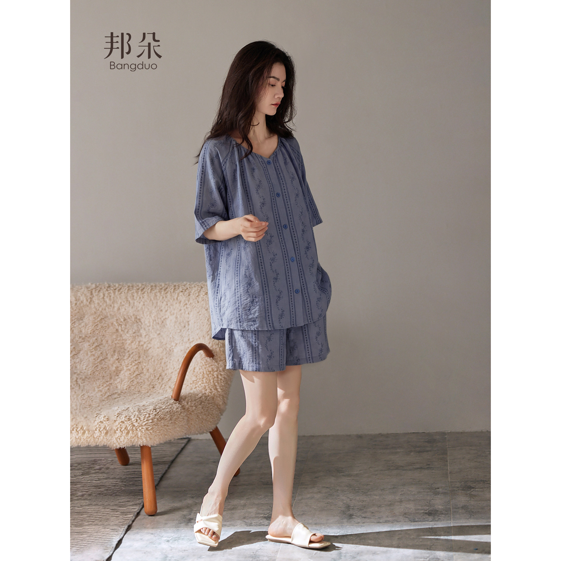 睡衣女夏季云朵棉短袖短裤家居服图片