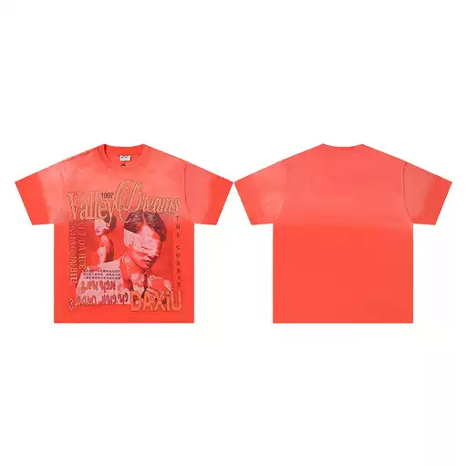 American Street Style Valley Retro Print Washed Distressed Spray-Dyed West Coast Rap Short-Sleeve T-Shirt Top Trendy ins