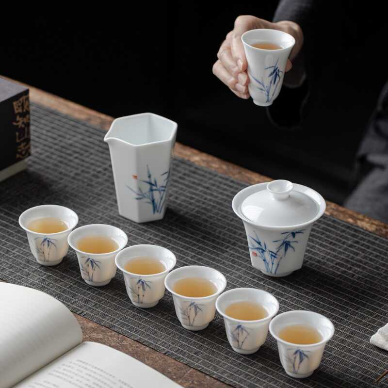 手绘玉泥德化白瓷六角杯子家用盖碗茶杯陶瓷茶具套装礼盒功夫茶具