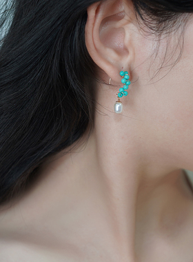 原创小众设计绕蓝松石水滴珍珠耳挂14k包金耳钩甜美少女耳环40968