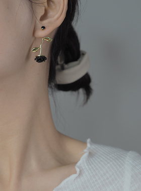 复古优雅黑玫瑰耳钉小众设计感长耳环轻奢百搭耳饰网红女11167