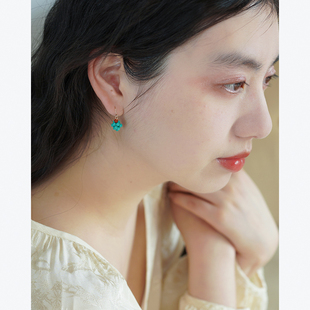 小众国风复古绿松石红玛瑙耳环14k包金法式 少女耳钩高级感女50268
