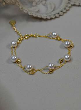 小众轻奢高级感六颗珍珠金珠双层手链通勤简约手串手环925银20566