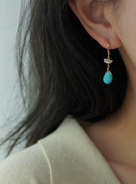 新中式复古气质水滴松石耳环小众设计清冷感耳扣法式优雅女60105