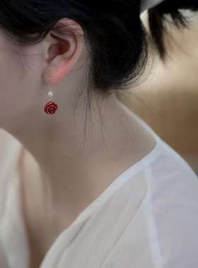 小众设计感朱砂玫瑰花珍珠耳环14k包金耳钩甜美少女耳饰复古20571