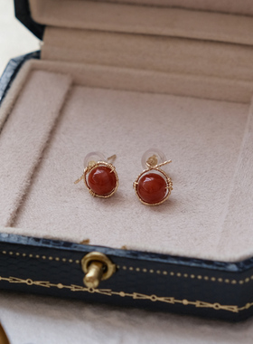 新中式手作红玛瑙绕水滴耳钉14k包金简约复古优雅耳环耳饰女11176