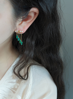 小众复古设计感绿松石流苏珍珠耳钉新中式少女耳环法式耳饰50262