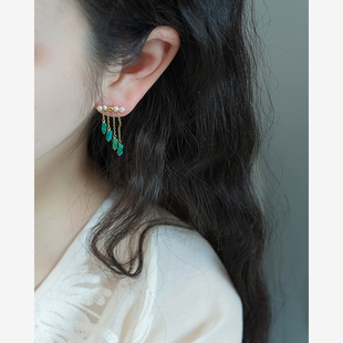 小众复古设计感绿松石流苏珍珠耳钉新中式少女耳环法式耳饰50262