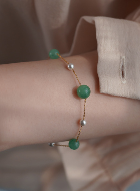 小众气质新中式复古三颗非洲翠玉石珍珠手链清冷感文艺手串60356