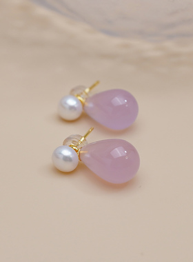 法式优雅气质粉玛瑙珍珠耳钉925纯银淑女甜美少女耳环高级感50824