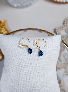 yeajewel原创设计感小众蓝水滴锆石珍珠耳环14k包金耳钩复古30130